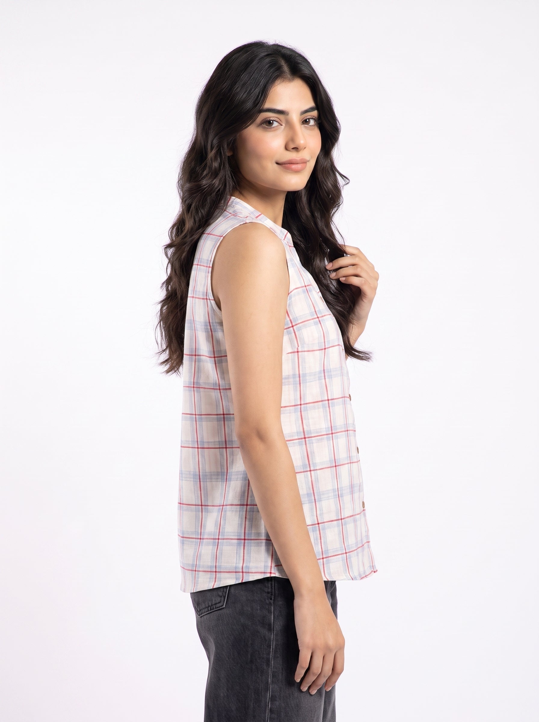 Add a clean and contemporary touch to your wardrobe with this soft blue and red checkered sleeveless top, featuring a neat split neckline and classic front button closure.