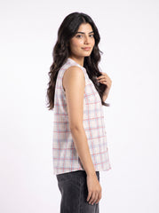 Add a clean and contemporary touch to your wardrobe with this soft blue and red checkered sleeveless top, featuring a neat split neckline and classic front button closure.
