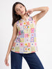 Playful Patchwork Motif Sleeveless Button-Front Top