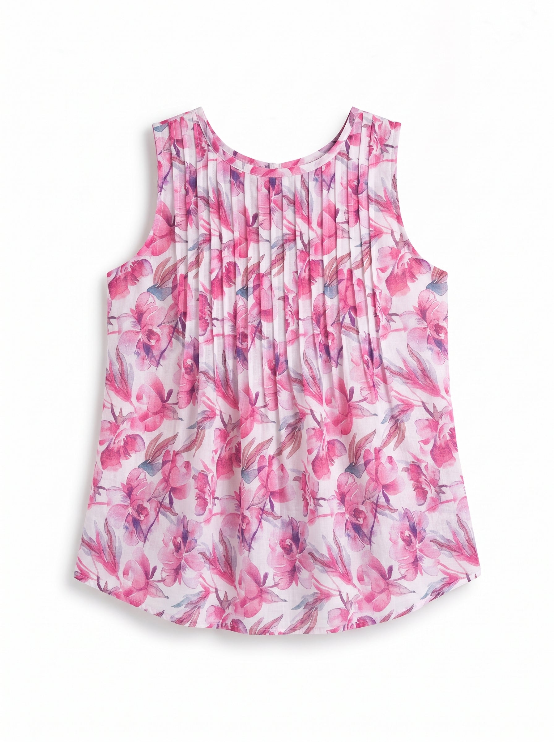 A sleeveless top with a pink and purple watercolor floral print on a white background, featuring vertical pleats on the front.