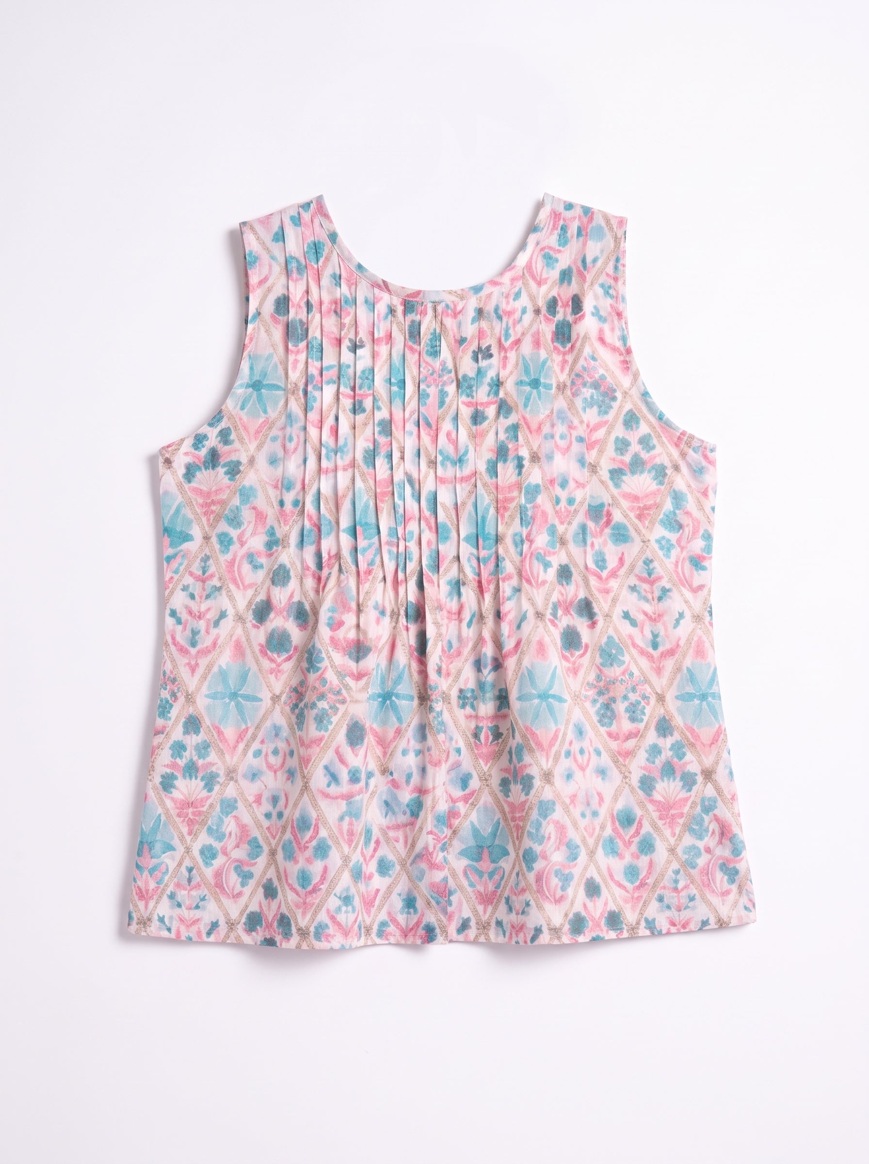 A sleeveless top with a pleated center front, featuring a pink, blue, and white geometric diamond pattern, laid flat against a white background.