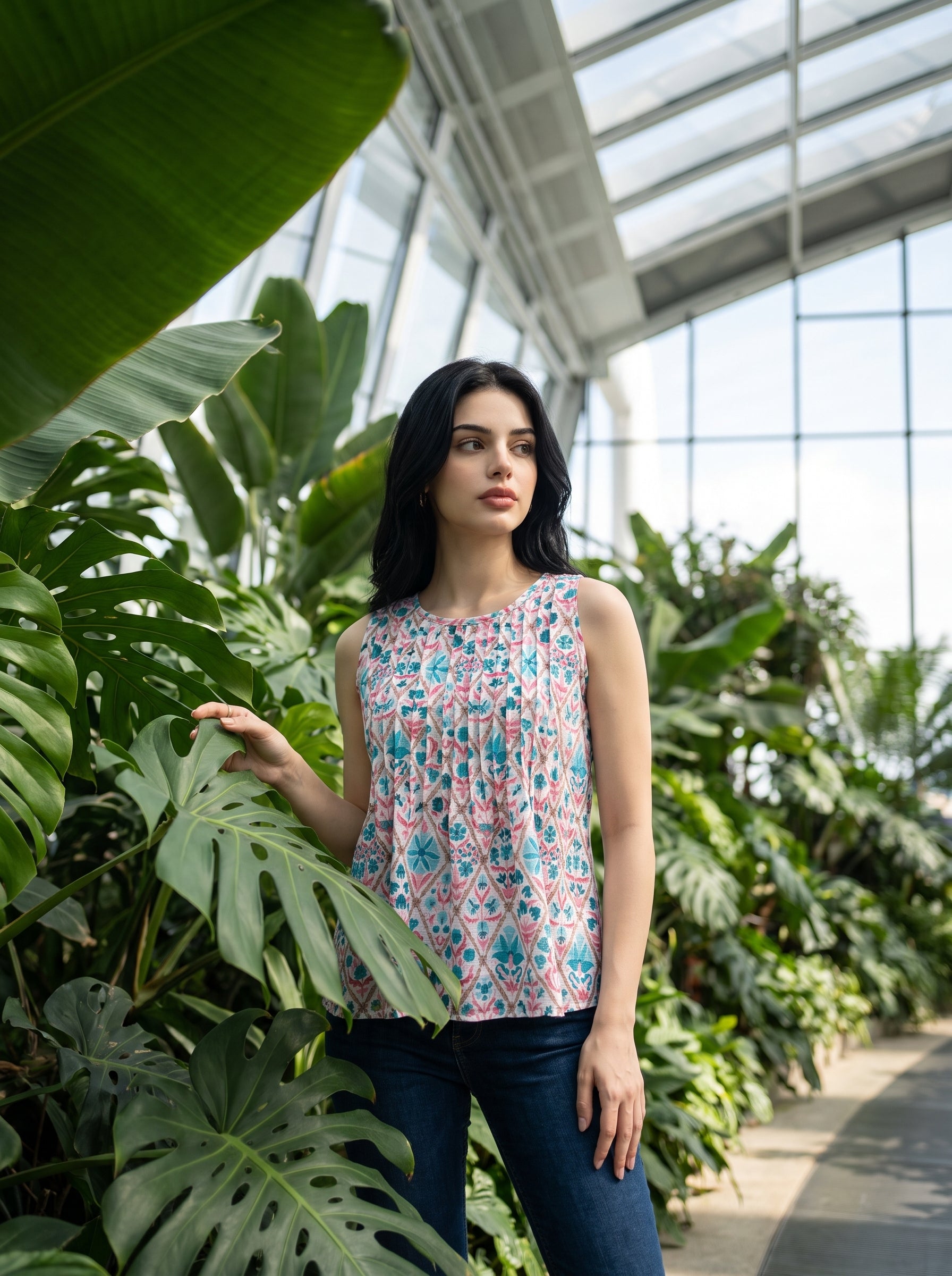 A woman wearing a sleeveless smocked top with a pink, blue, and white geometric pattern, standing in a greenhouse surrounded by large green leaves.