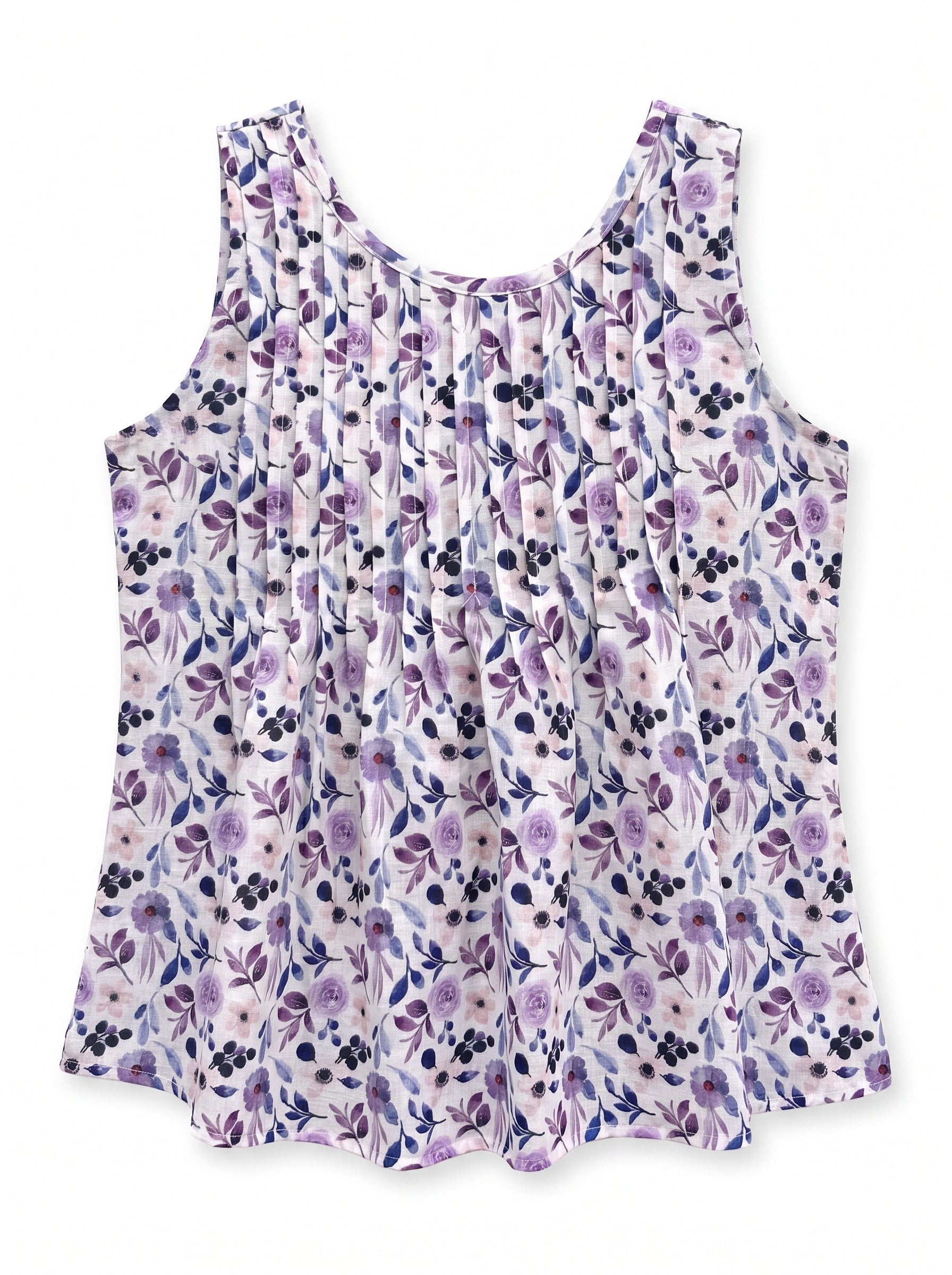 A sleeveless, scoop-neck top with a pleated texture and an all-over watercolor floral print in shades of purple, pink, and blue on a white background.