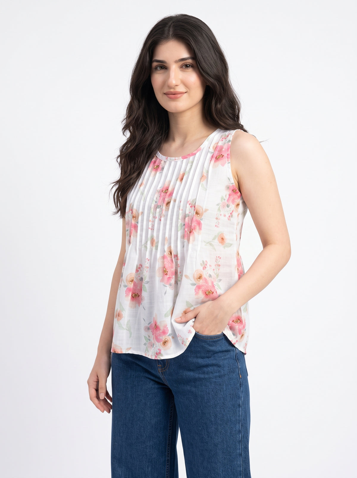 Blush Garden Pintuck Floral Sleeveless Top