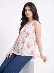 Blush Garden Pintuck Floral Sleeveless Top