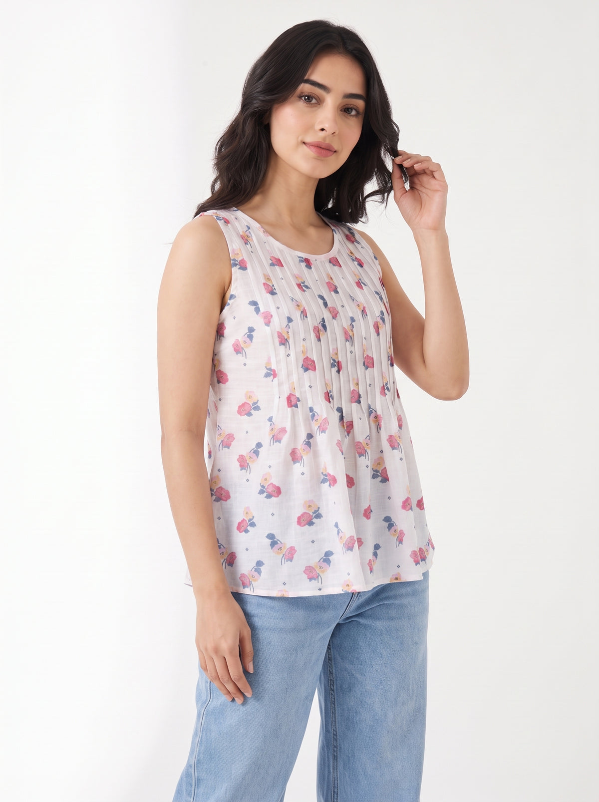 White Mini Bloom Pintuck Sleeveless Top