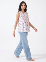White Mini Bloom Pintuck Sleeveless Top