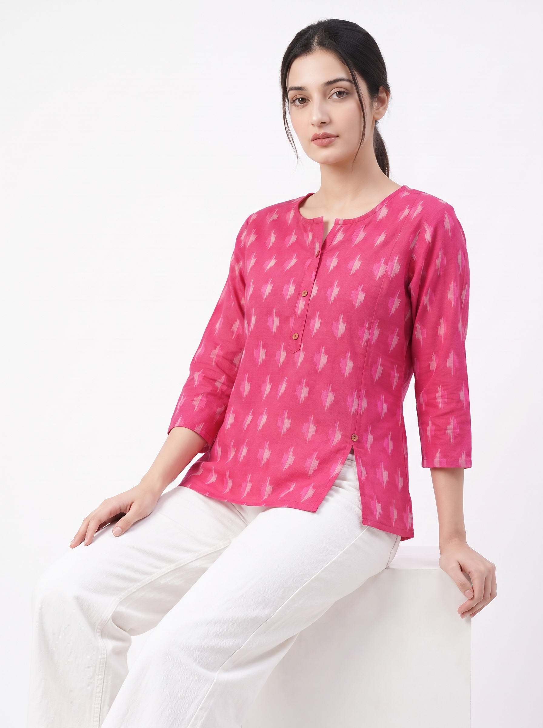 A woman wearing a bright pink three-quarter sleeve kurta with a white ikat pattern, paired with white trousers, seated against a plain white background.