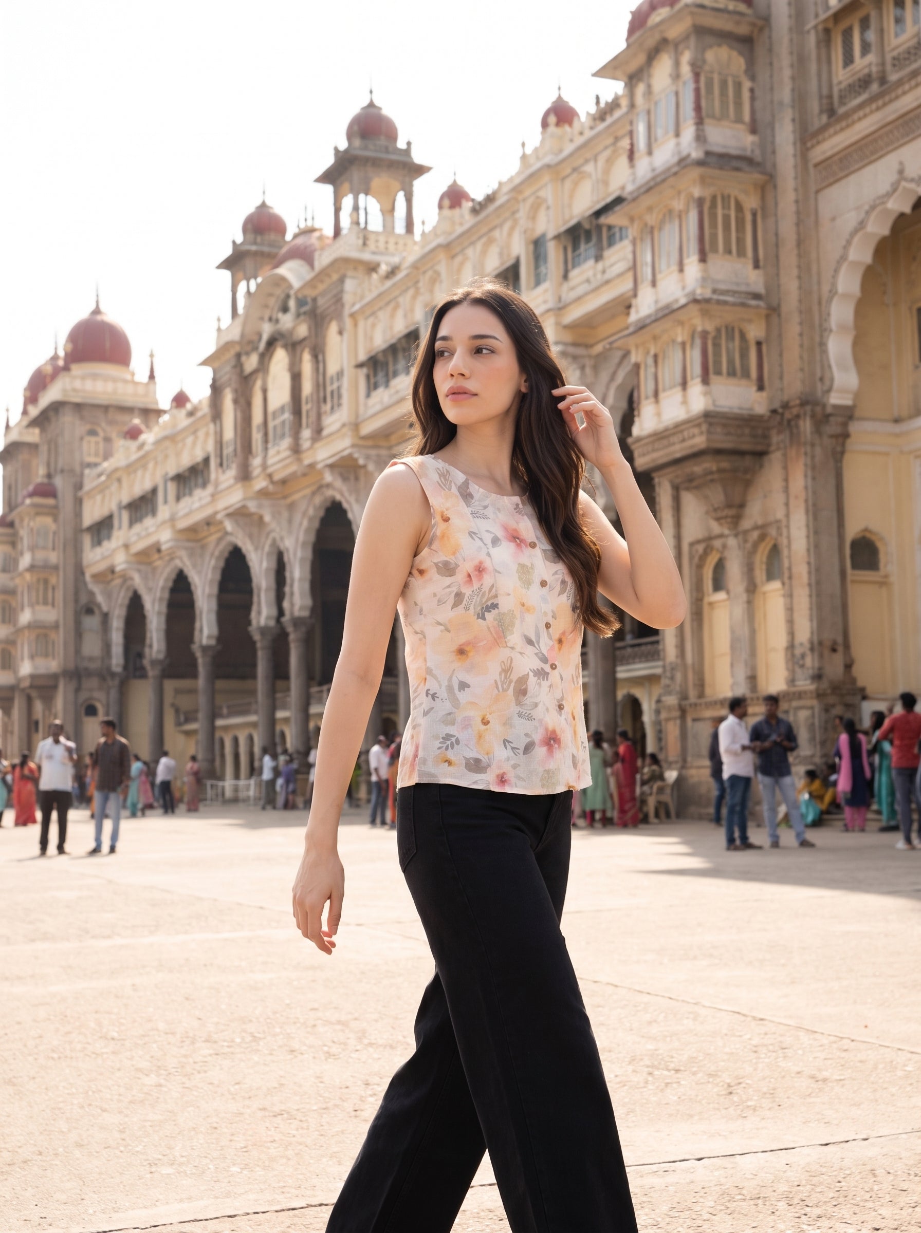 A woman wearing a sleeveless floral print top and black wide-leg pants walks in a large outdoor plaza with a historic domed building in the background.