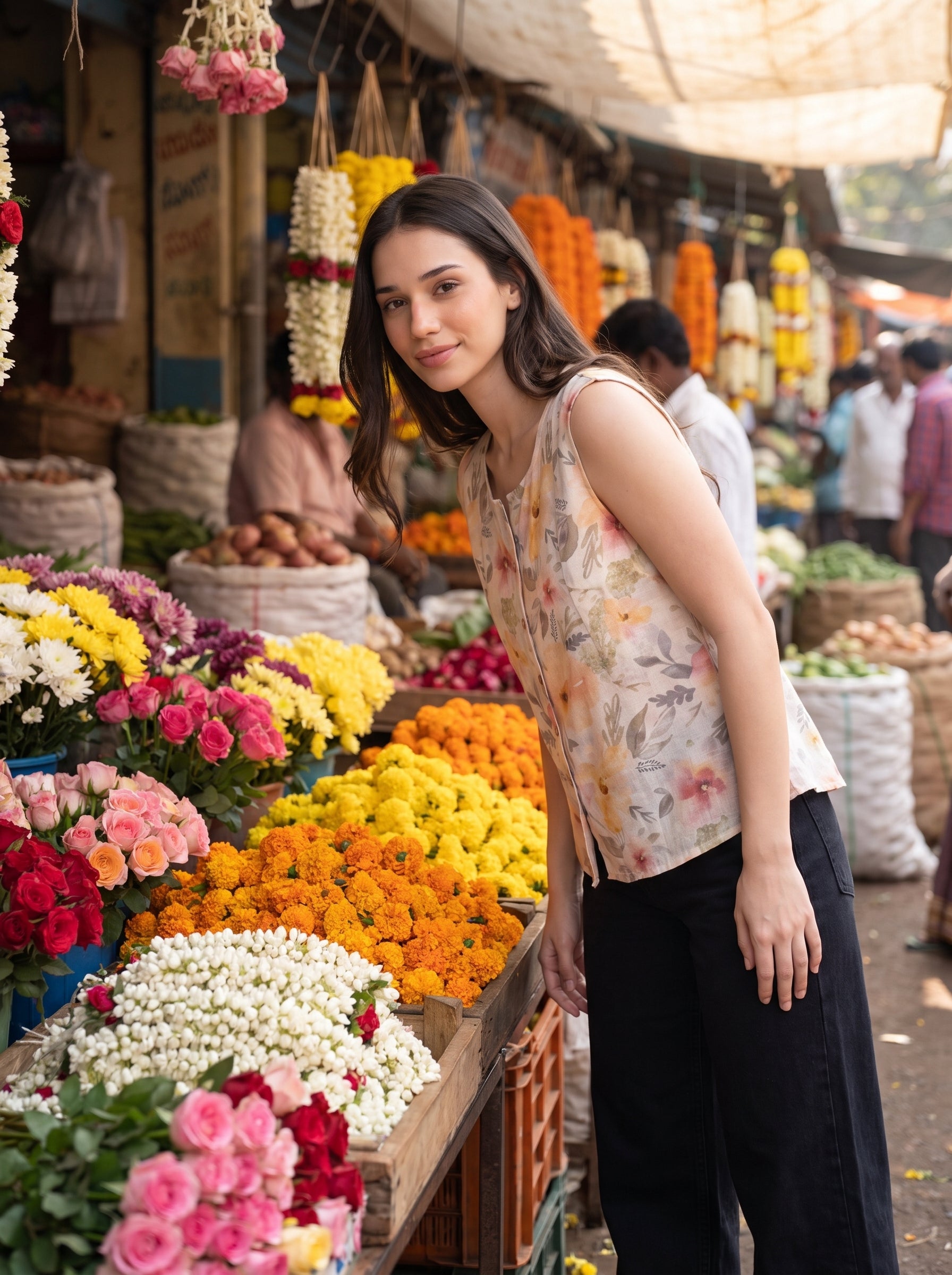 A woman wearing a sleeveless floral print top and black pants stands at a flower market stall surrounded by colorful blooms, including yellow marigolds, pink roses, and white flowers.