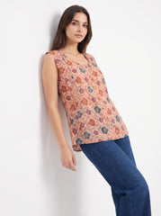 Peach Floral Button-Front Sleeveless Top