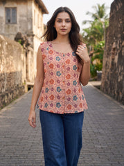 Peach Floral Button-Front Sleeveless Top