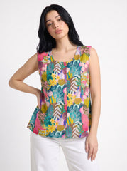 A vibrant teal sleeveless top featuring playful pink, yellow, green, and blue botanical motifs for a fresh statement look.
