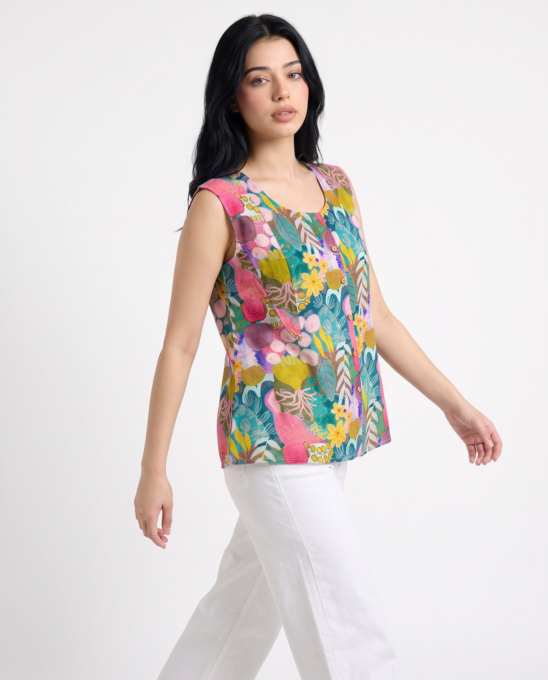A vibrant teal sleeveless top featuring playful pink, yellow, green, and blue botanical motifs for a fresh statement look.