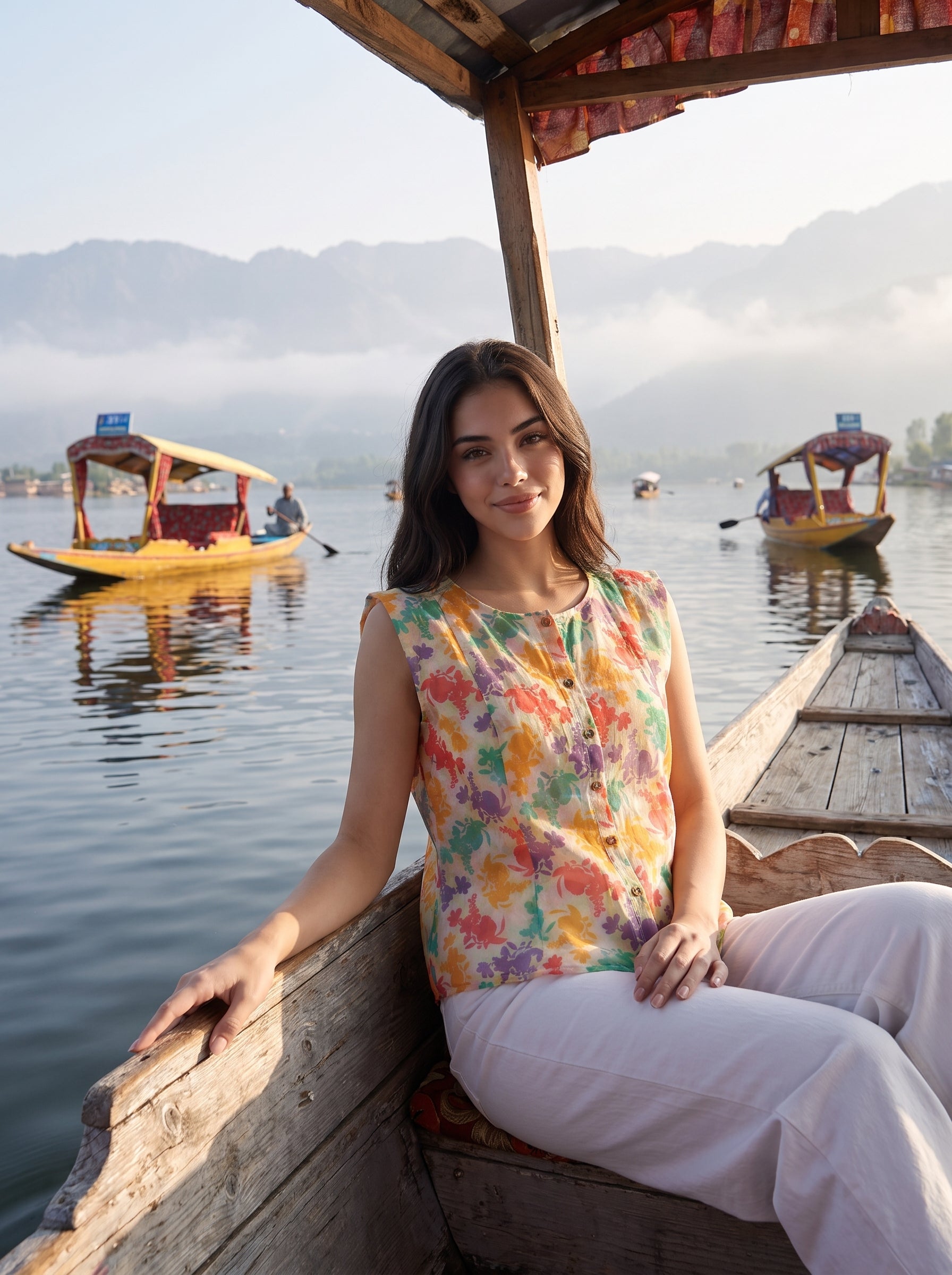 A woman wearing a sleeveless, button-front top with a colorful abstract floral print on a cream background, paired with white pants, photographed against a plain light gray studio background.