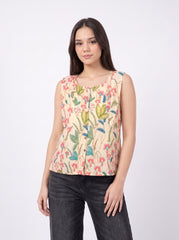Coral Pink Floral Motifs with Green & Teal Leaf Accents and Front Button Detailing