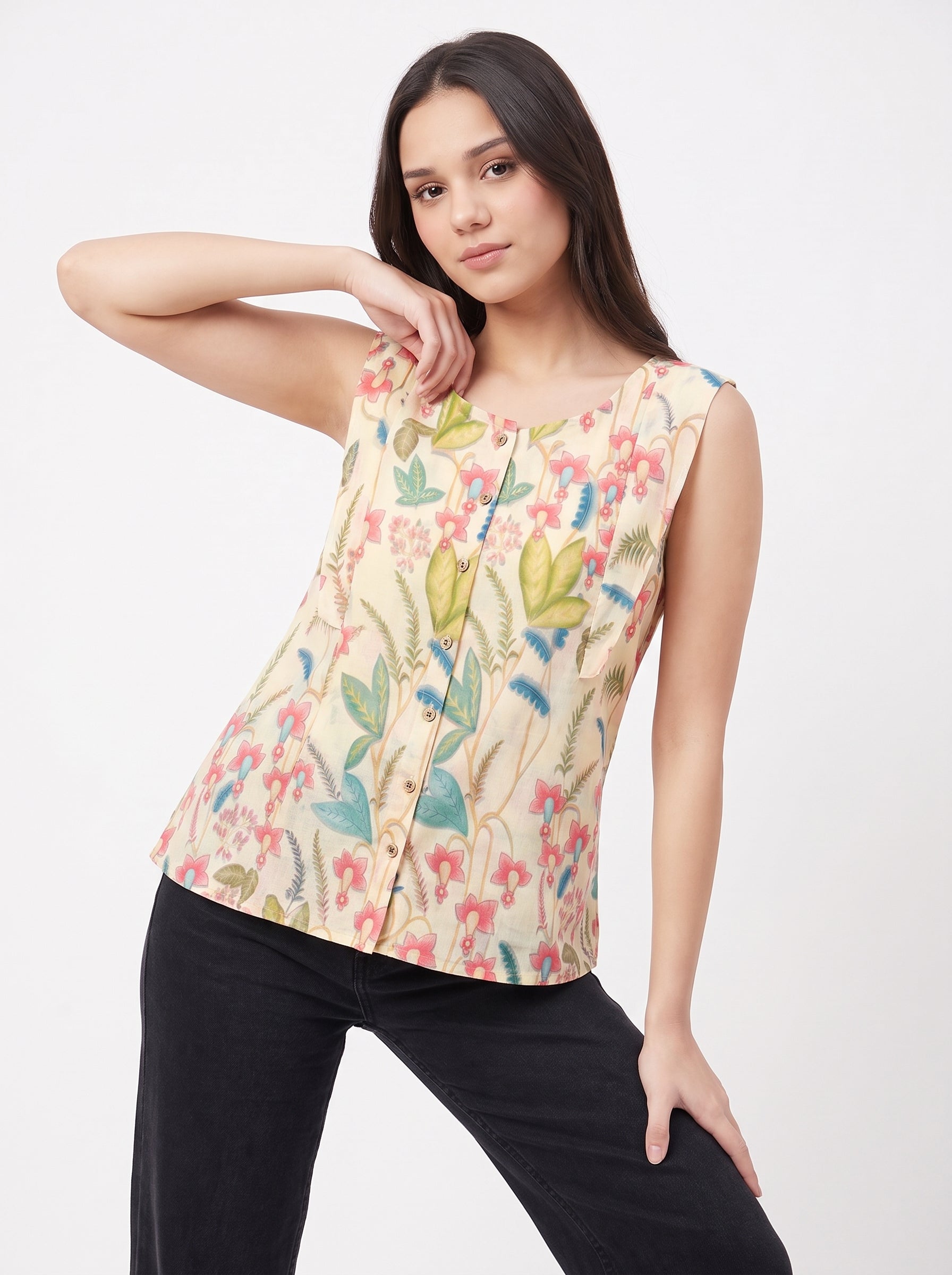 Coral Pink Floral Motifs with Green & Teal Leaf Accents and Front Button Detailing