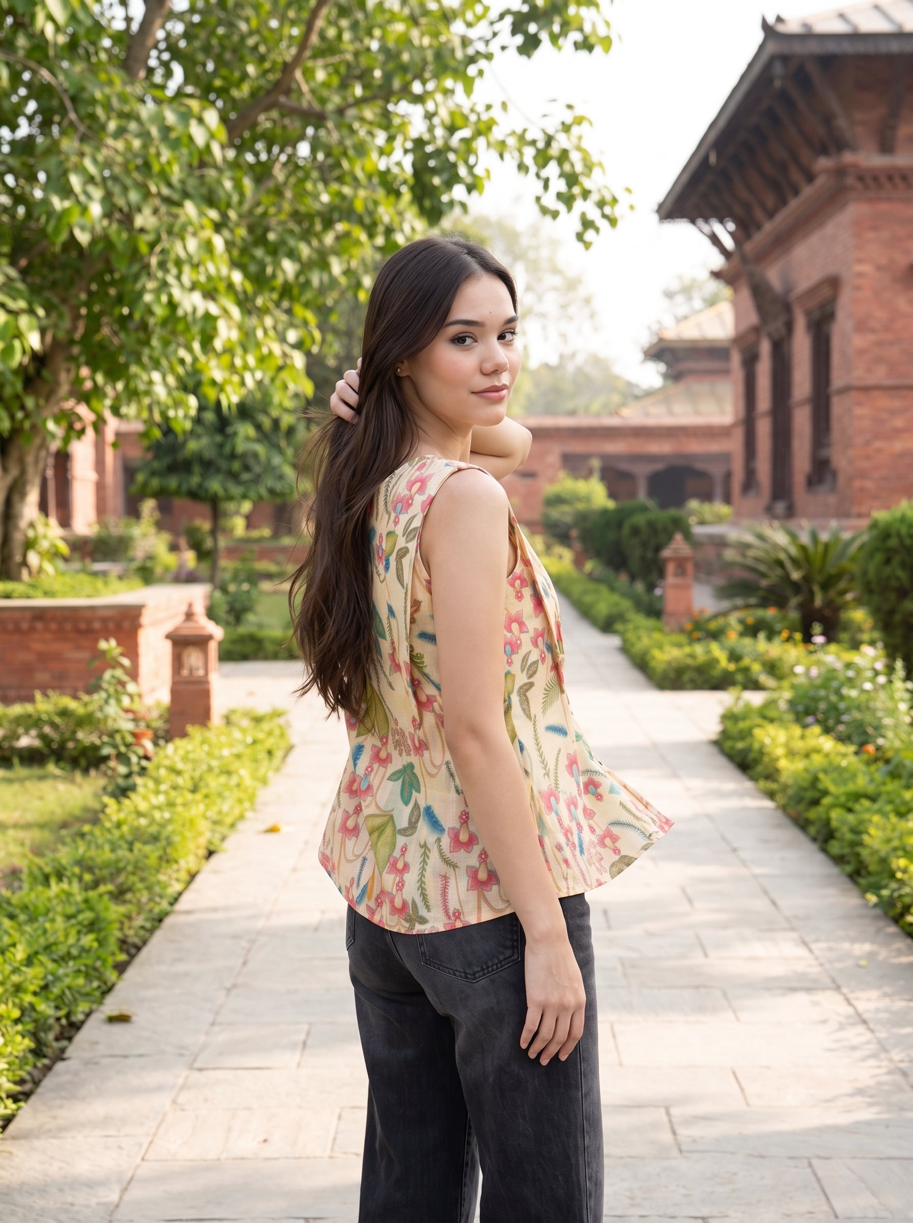Coral Pink Floral Motifs with Green & Teal Leaf Accents and Front Button Detailing