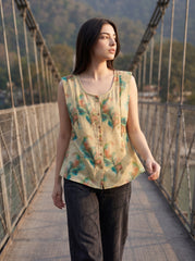 Beige Watercolor Leaf Button-Front Sleeveless Top