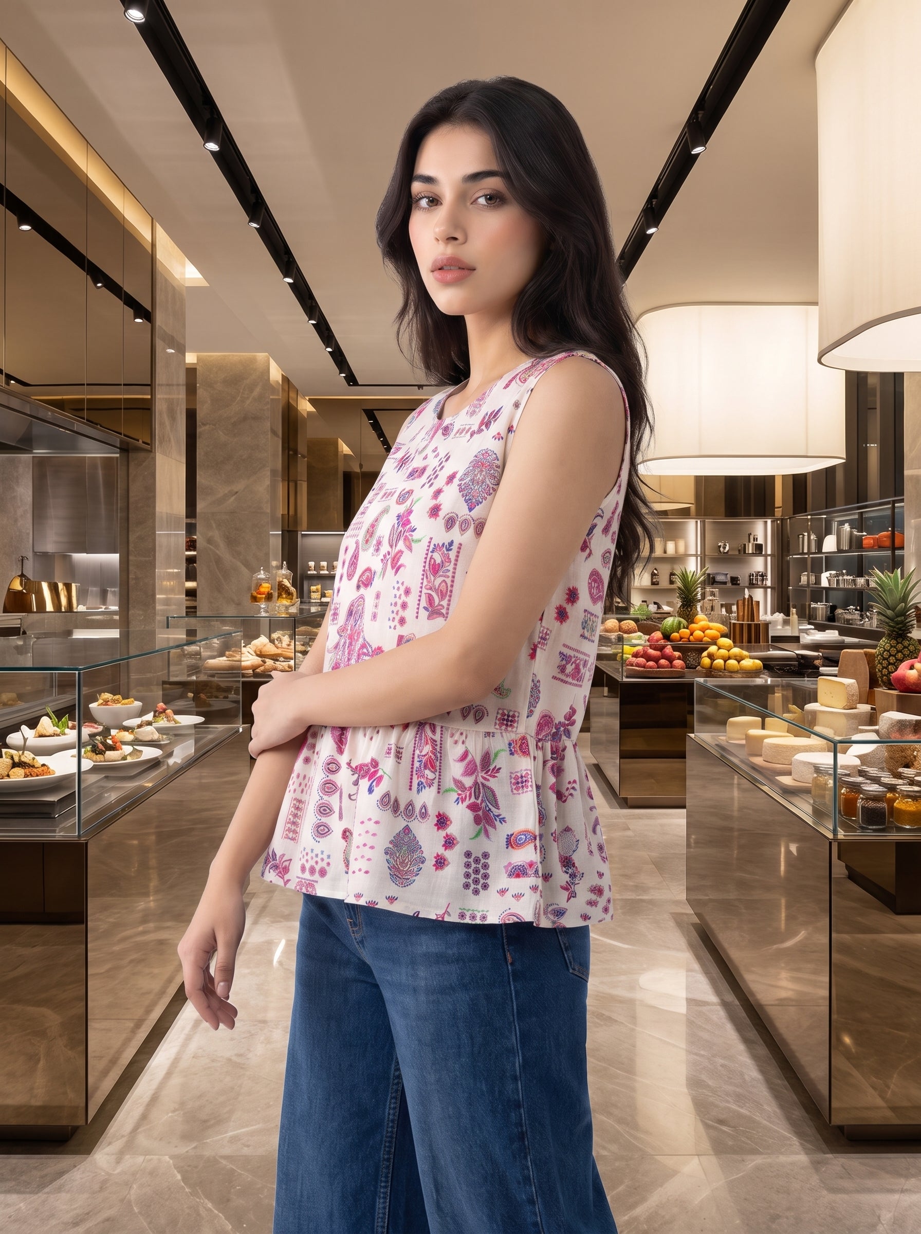 A charming off-white sleeveless top featuring pink, purple, blue, and green paisley motifs for a bright and feminine look.