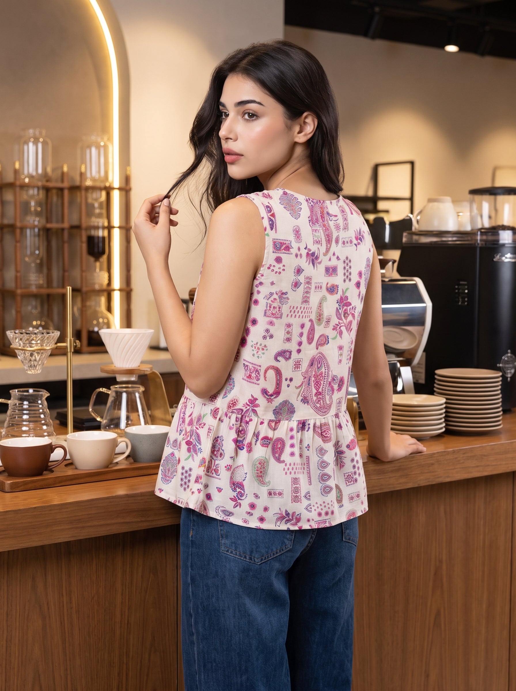 A charming off-white sleeveless top featuring pink, purple, blue, and green paisley motifs for a bright and feminine look. 