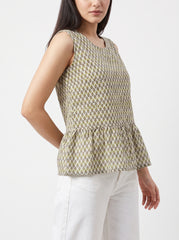 A stylish sleeveless top featuring a neat olive green and brown geometric print for a smart everyday look