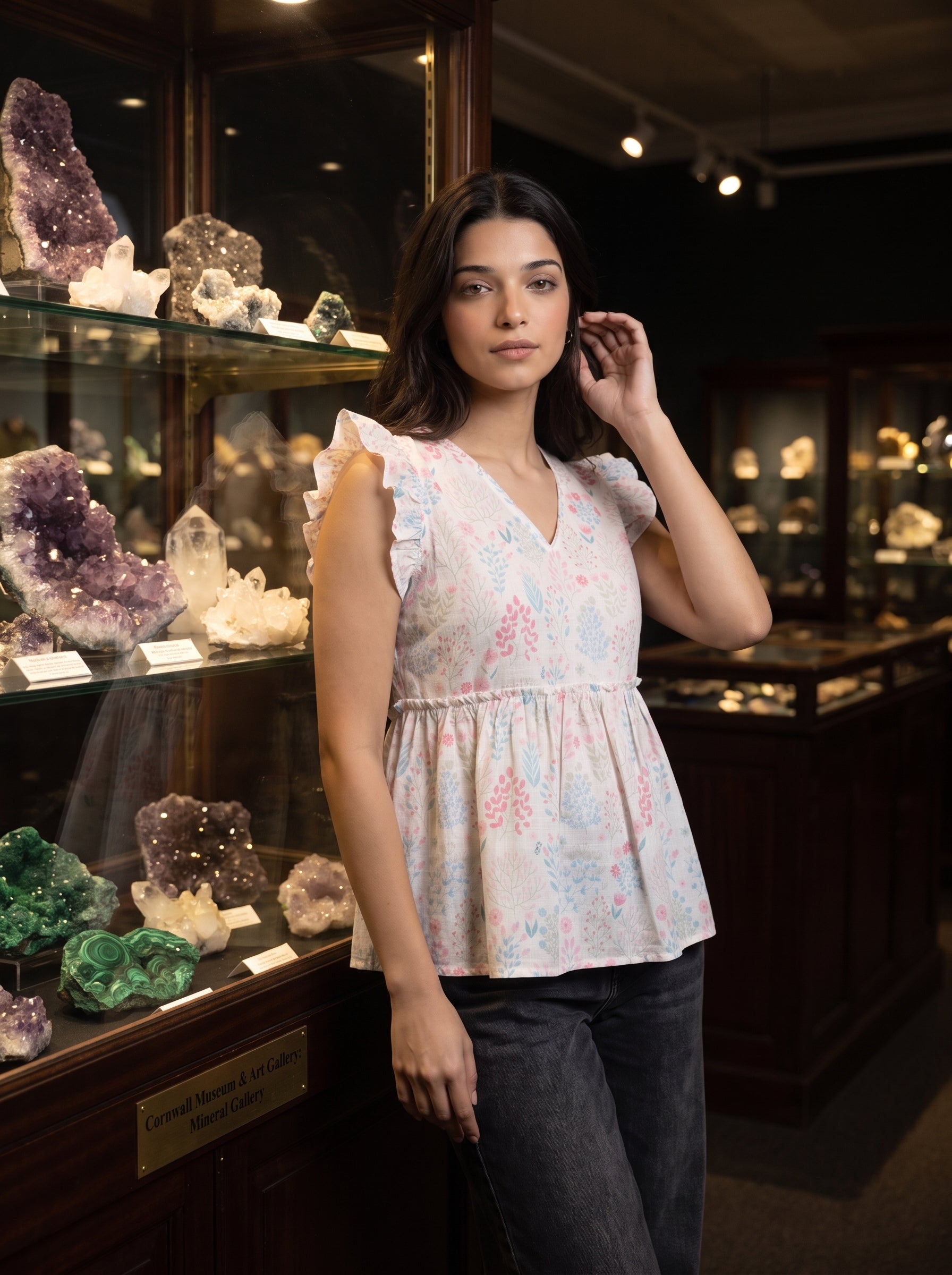 A fresh off-white top featuring elegant olive green leaf motifs for a soft and natural everyday look. 
