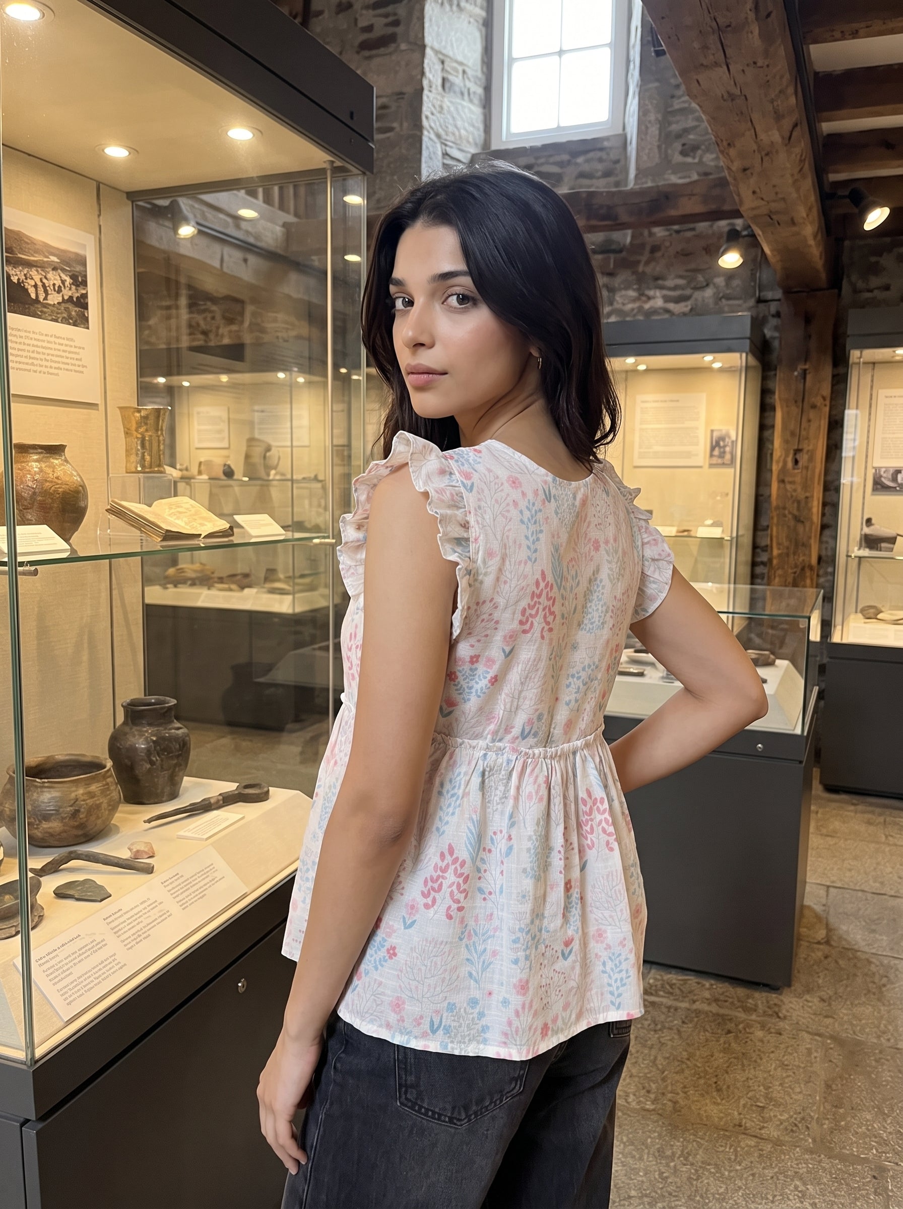 A fresh off-white top featuring elegant olive green leaf motifs for a soft and natural everyday look. 
