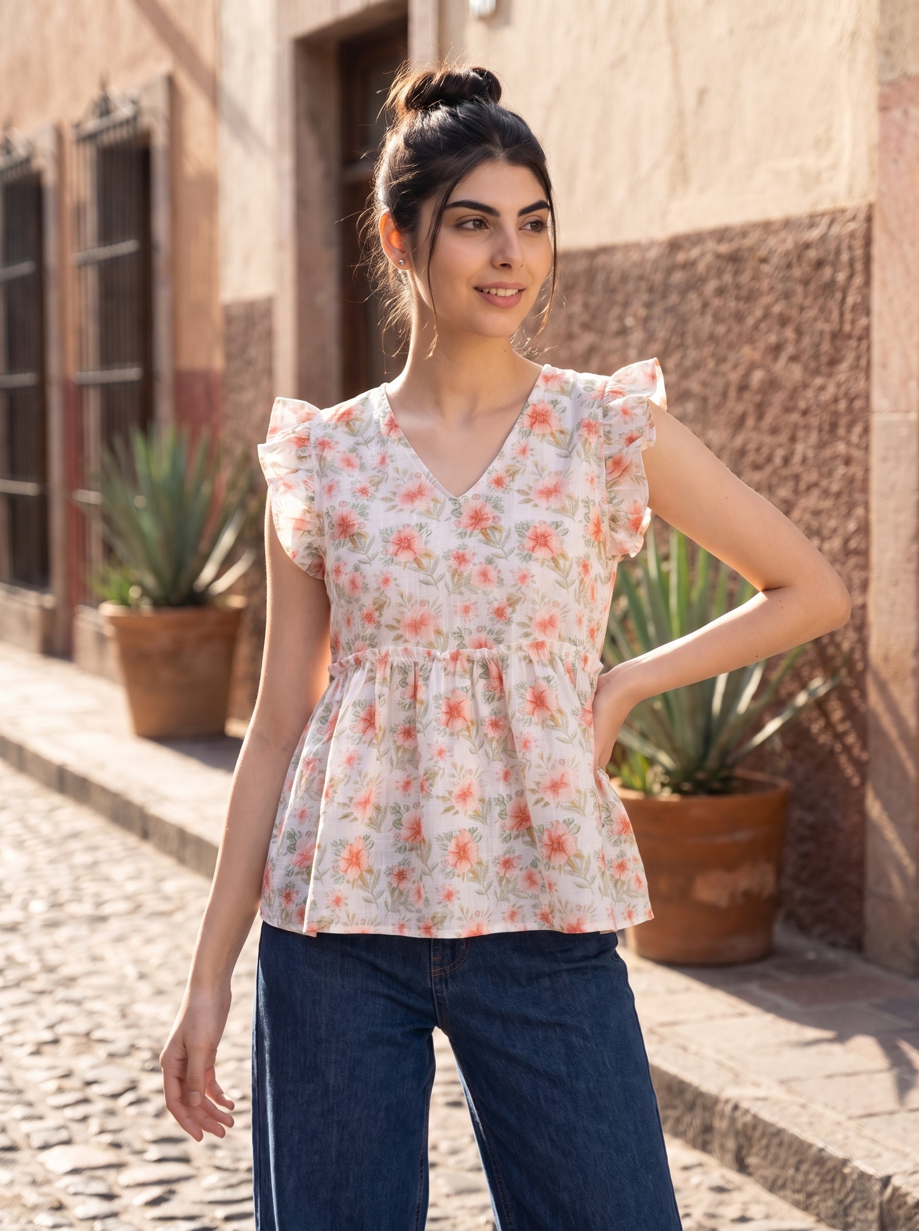 A fresh off-white top featuring soft peach floral motifs with subtle green botanical accents for a feminine everyday look.