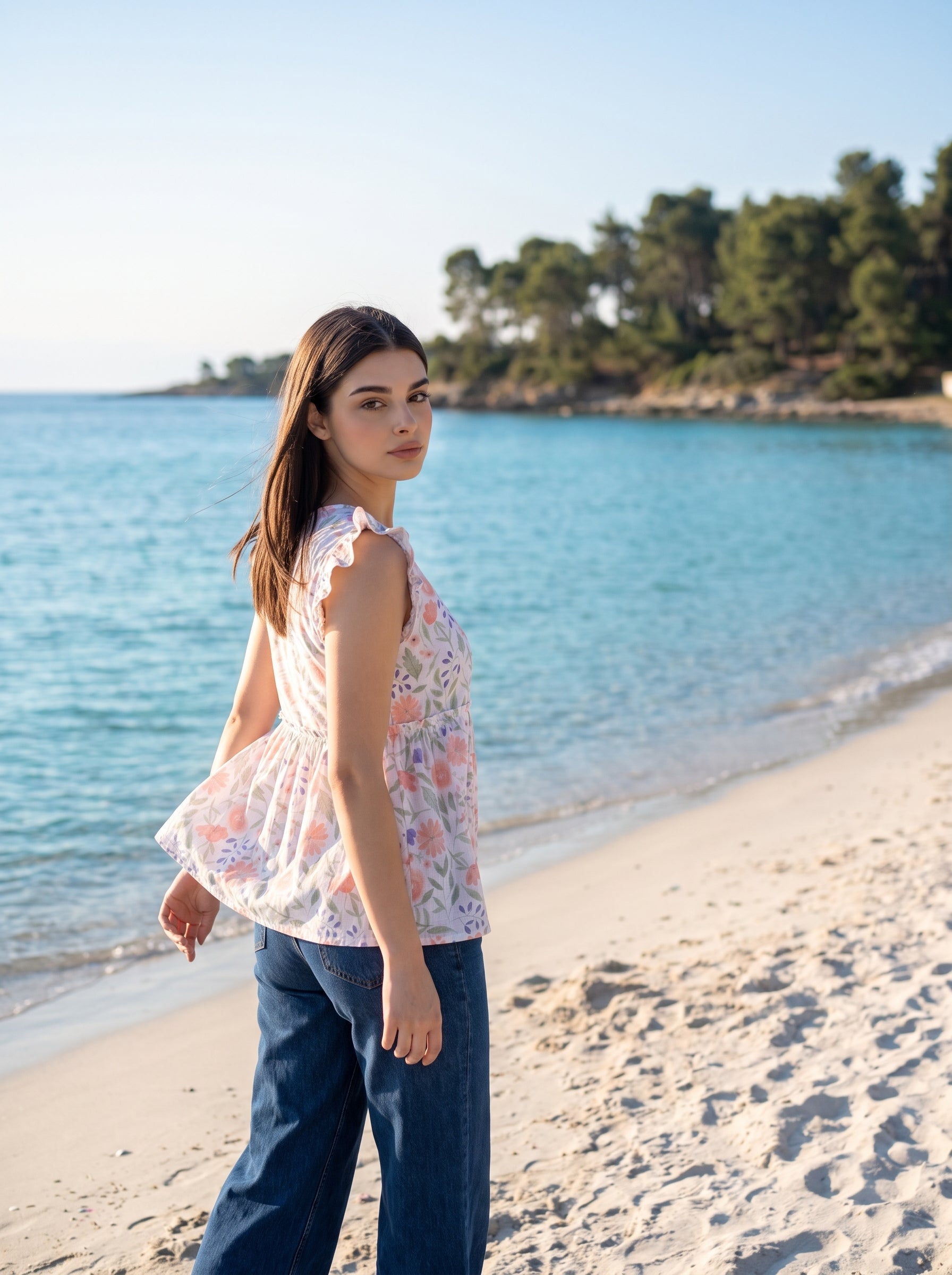 A fresh off-white top featuring soft peach florals with green and blue botanical accents for a charming feminine look. 