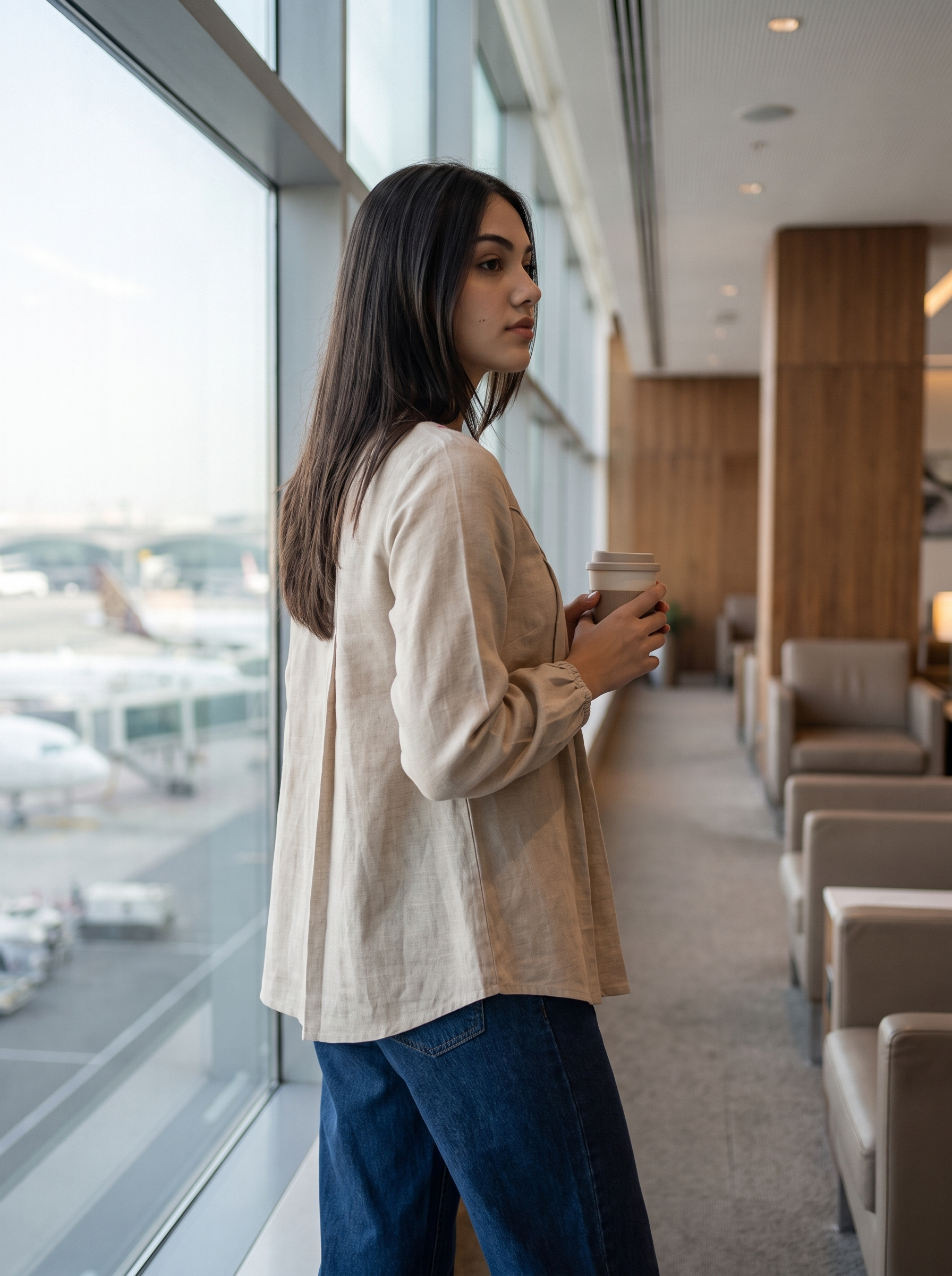 A woman stands by a large airport window holding a takeaway coffee cup, wearing a light beige linen long-sleeve shirt and blue jeans in a modern lounge area.