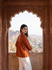 Rust Orange Embroidered Gathered Collar Top