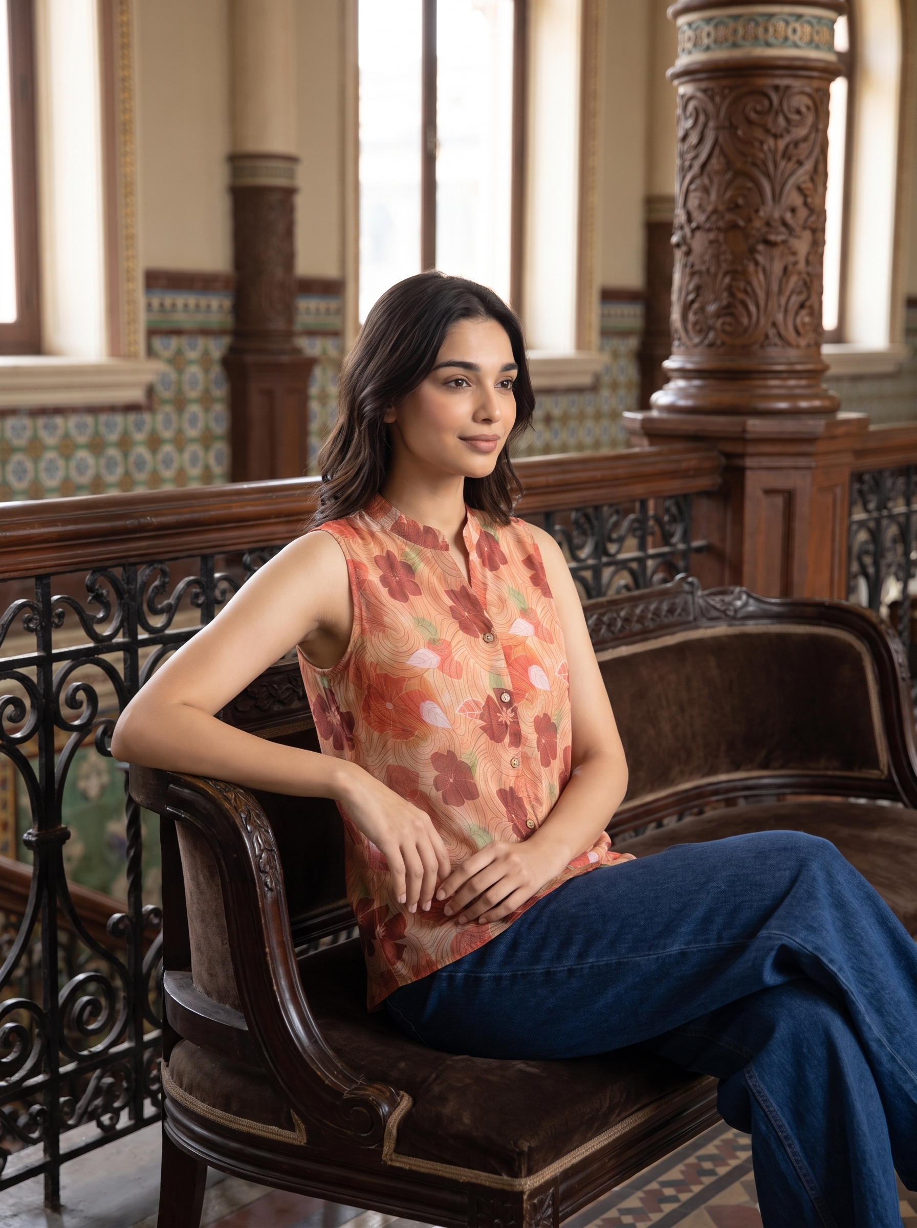 A woman sits on a dark wooden bench in an ornate indoor setting, wearing a sleeveless floral top with peach, orange, and pink tones and blue jeans.