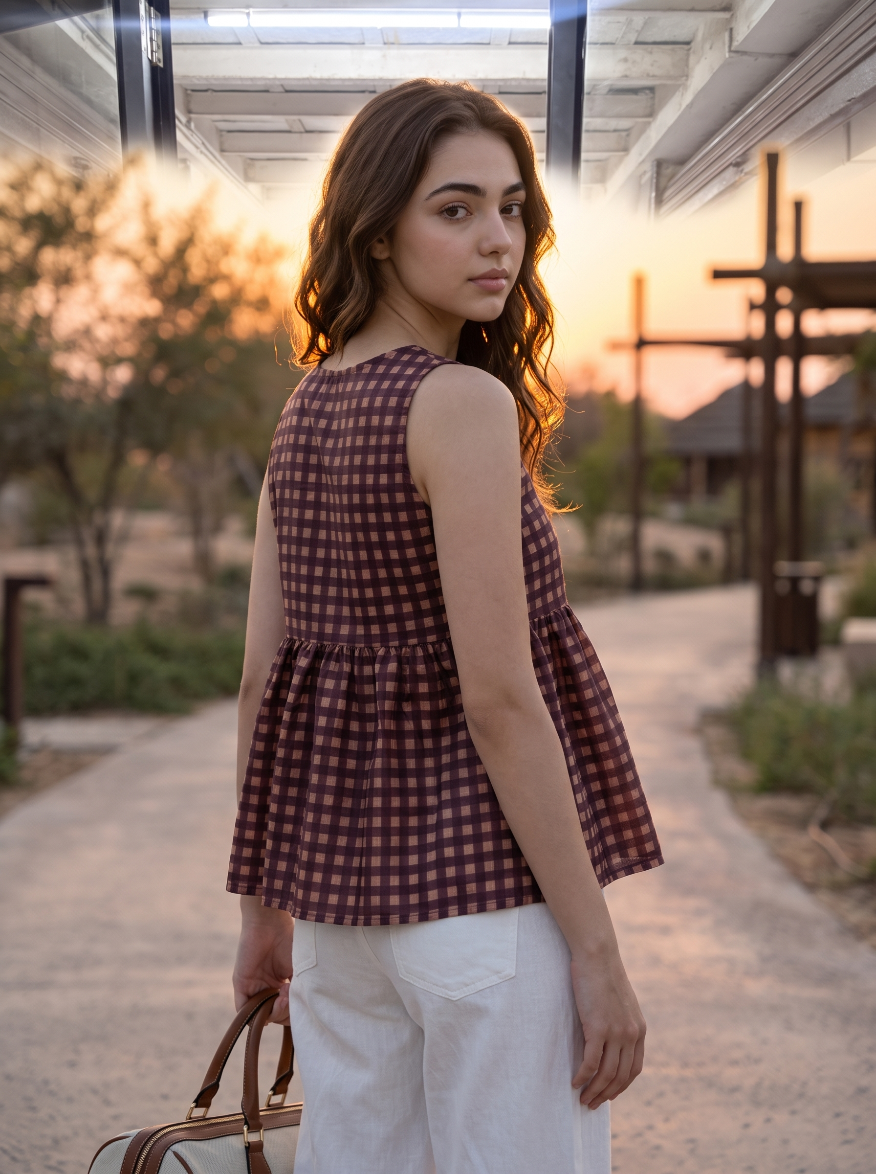 A woman wearing a sleeveless burgundy and black gingham peplum top and white pants, holding a brown leather bag, standing in a rustic outdoor setting at sunset.