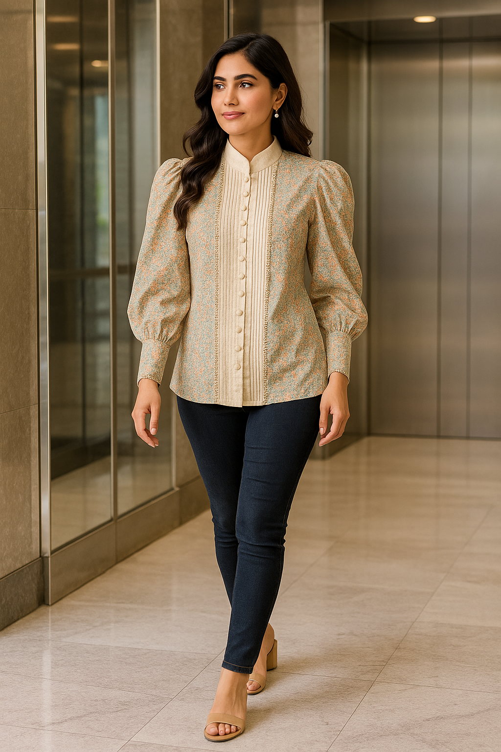 Floral Print Button-Up Shirt with Lace Trim