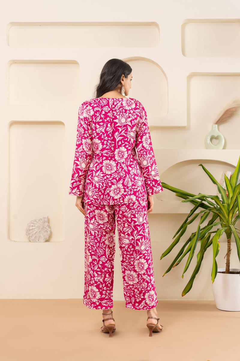 Pink Floral Printed With Embroidered in Neck