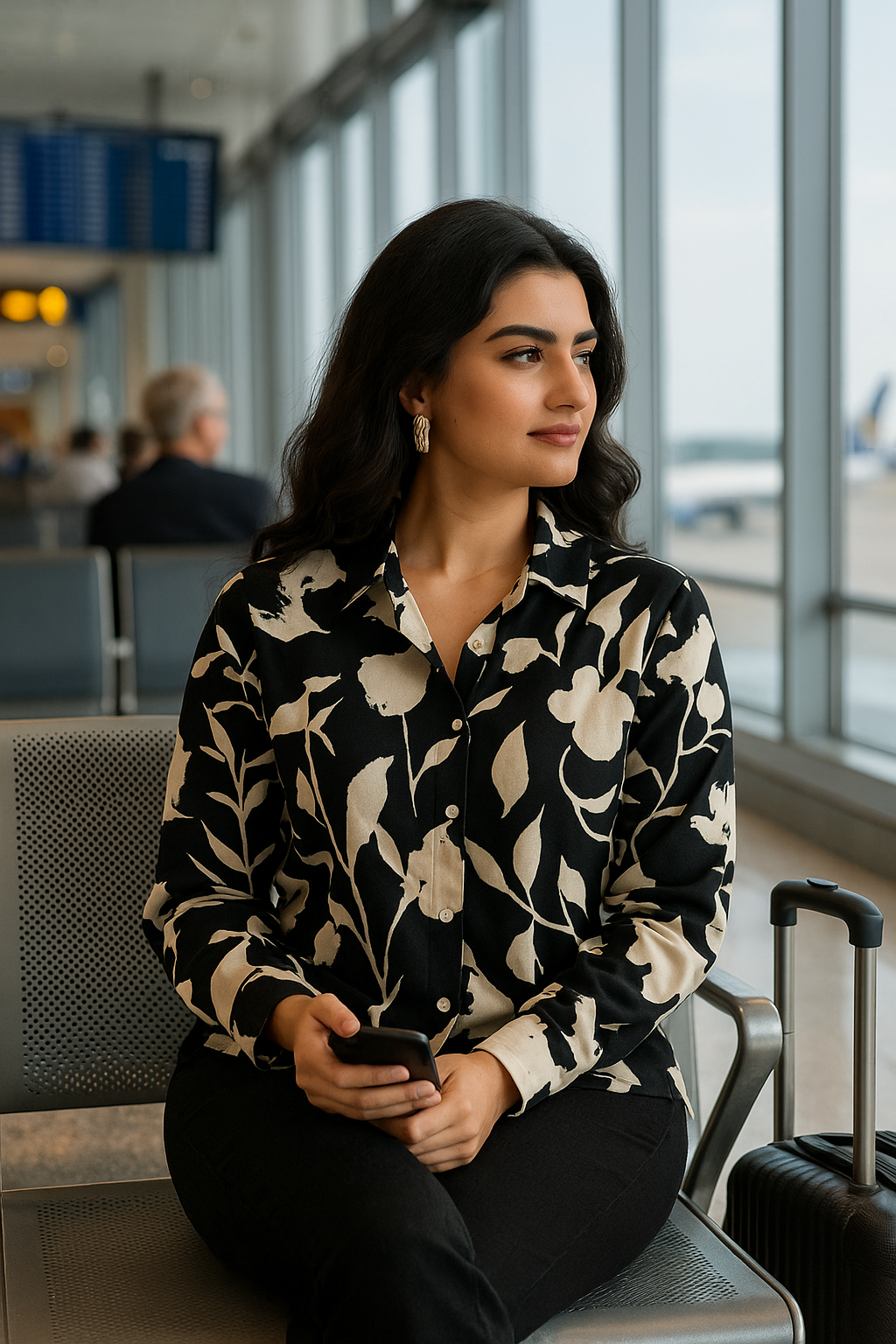 Oversized Black and White Floral Print Long Sleeve Shirt