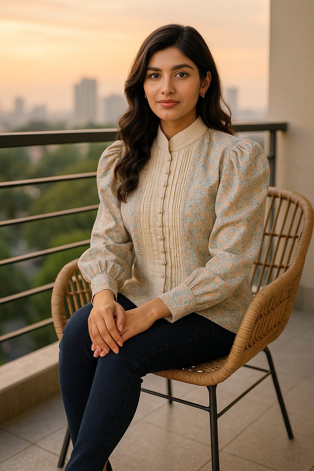 Floral Print Button-Up Shirt with Lace Trim