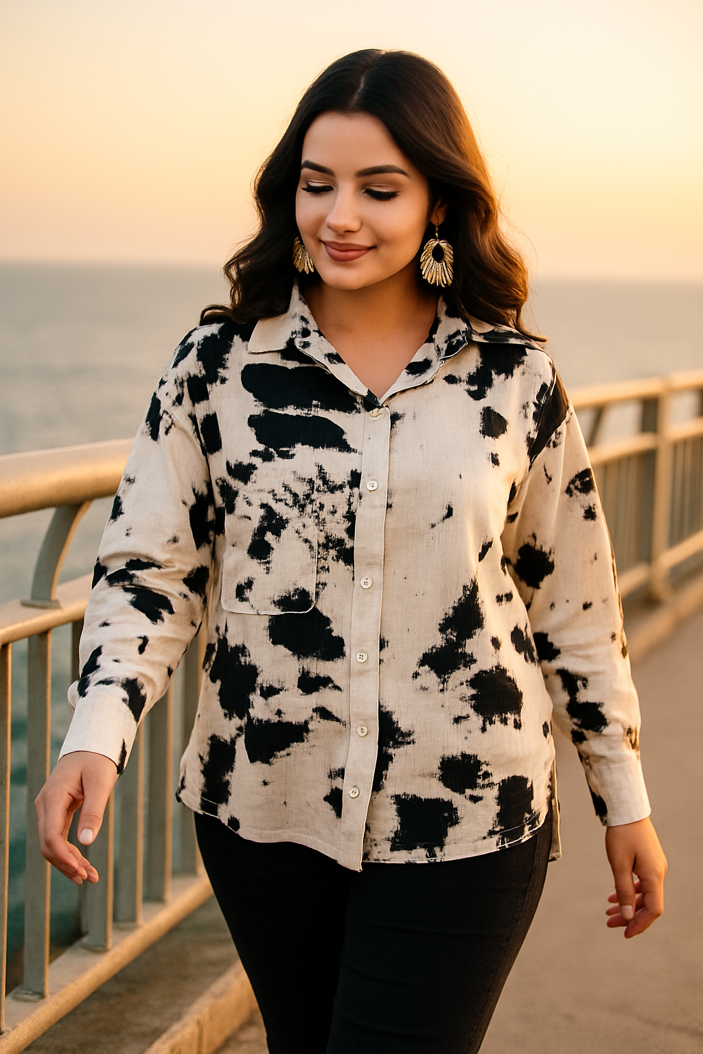 Women oversized abstract button down shirt