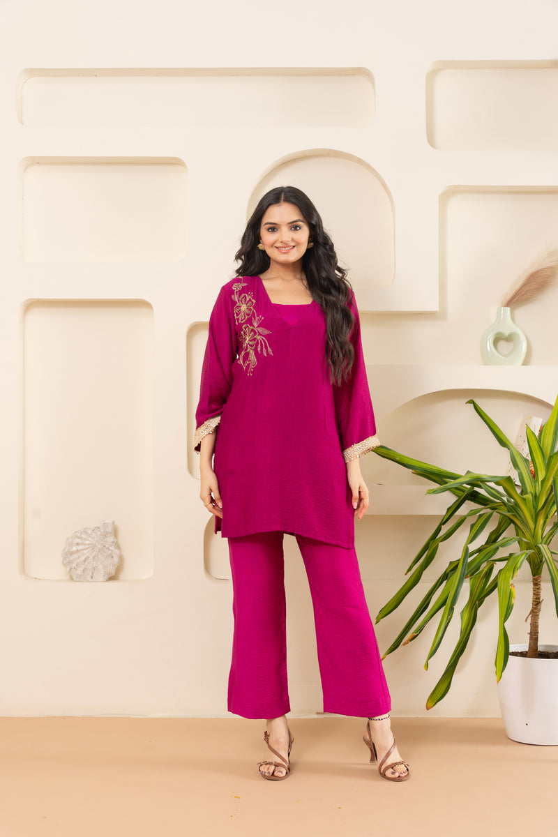 Embroidered V-Neck Bell Sleeve-Pink