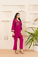 Embroidered V-Neck Bell Sleeve-Pink