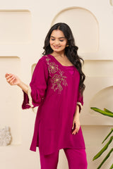 Embroidered V-Neck Bell Sleeve-Pink