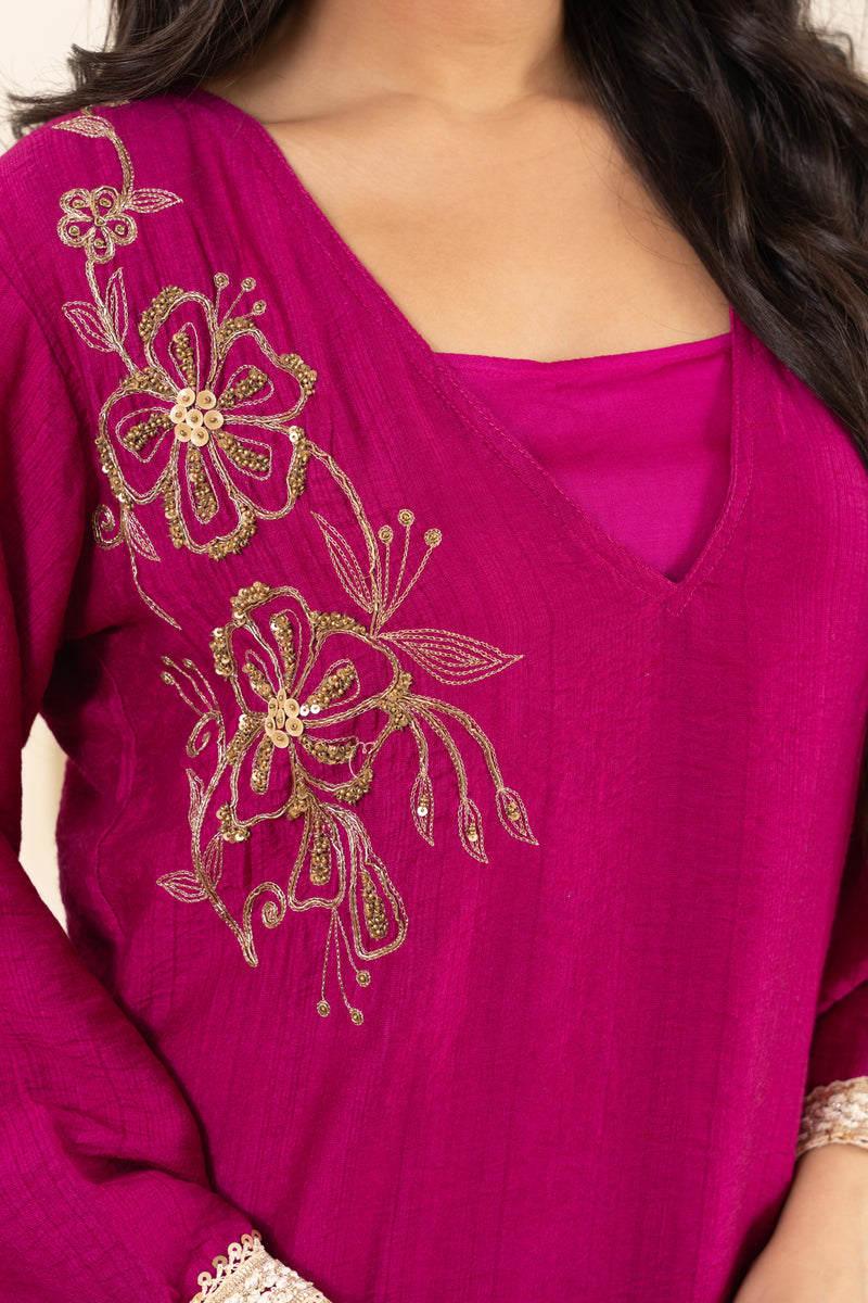 Embroidered V-Neck Bell Sleeve-Pink