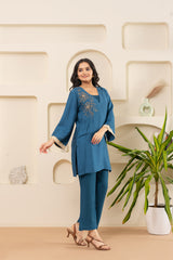 Embroidered V-Neck Bell Sleeve-Blue