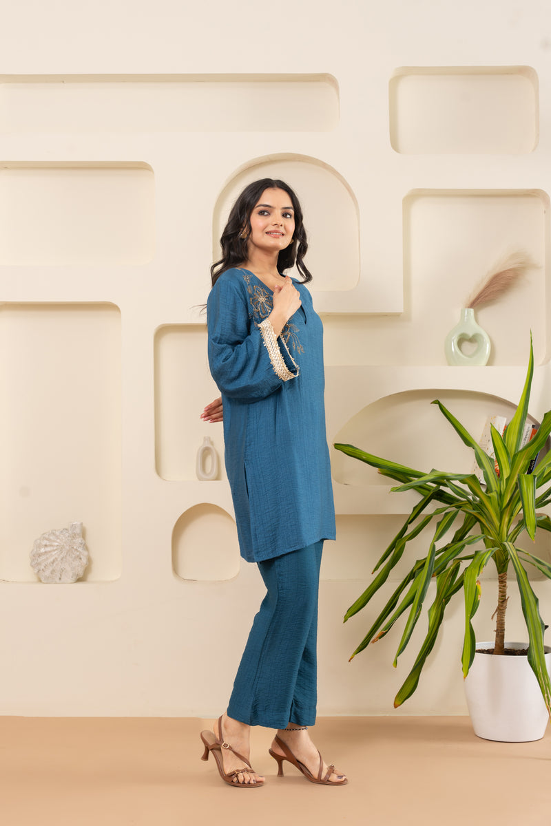 Embroidered V-Neck Bell Sleeve-Blue