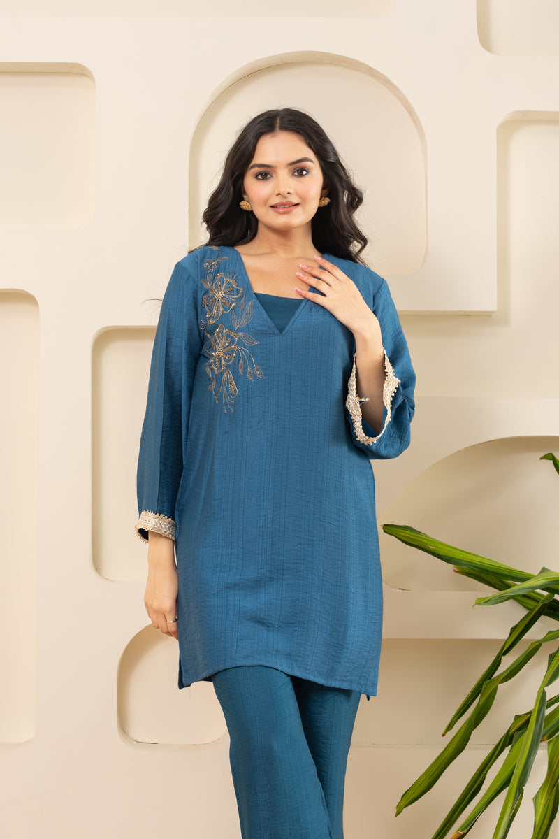 Embroidered V-Neck Bell Sleeve-Blue