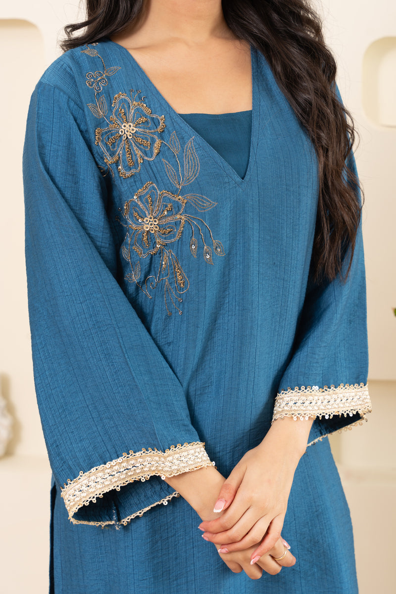 Embroidered V-Neck Bell Sleeve-Blue