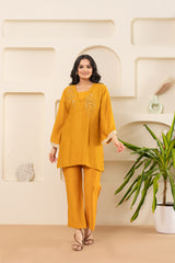 Embroidered V-Neck Bell Sleeve-Mustard