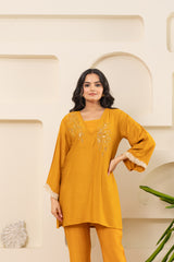 Embroidered V-Neck Bell Sleeve-Mustard