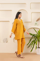 Embroidered V-Neck Bell Sleeve-Mustard